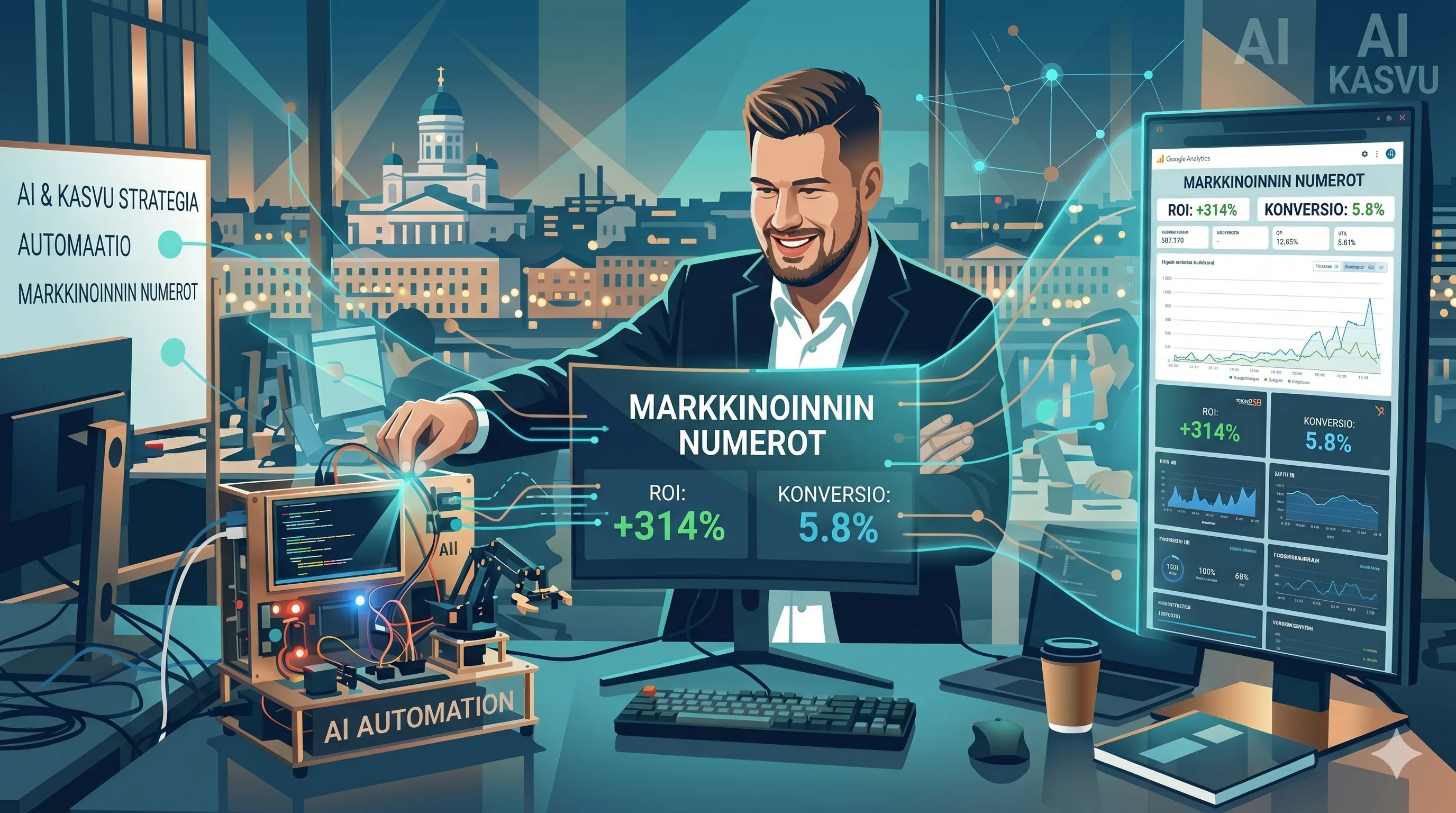 Risto Holappa — koodaaja vasemmalla, markkinoinnin numerot oikealla.